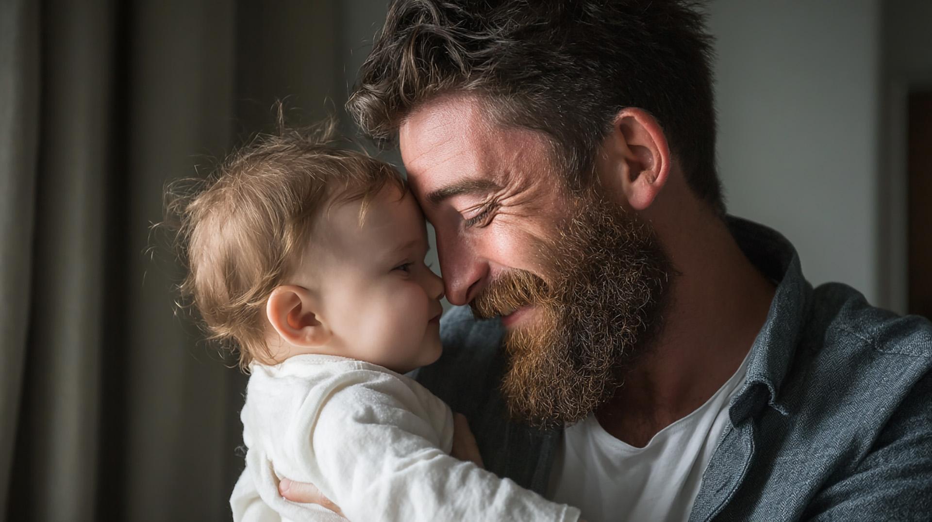 A bearded man and a baby smiling affectionately at each other, with foreheads touching, in a softly lit room.