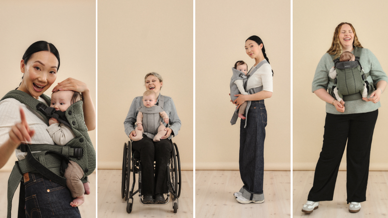 Four women of diverse backgrounds, each carrying a baby in a green baby carrier, smiling against a beige background.