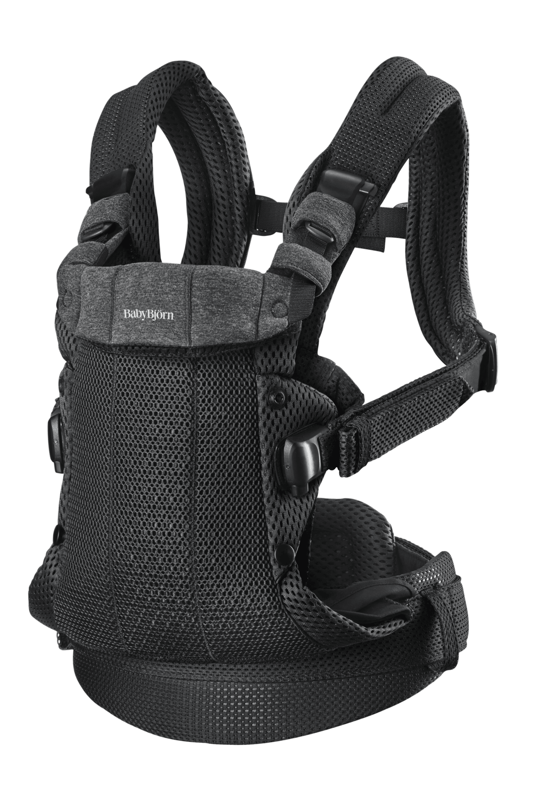 Black BabyBjörn baby carrier with adjustable straps and breathable mesh fabric, designed for ergonomic support and comfort.