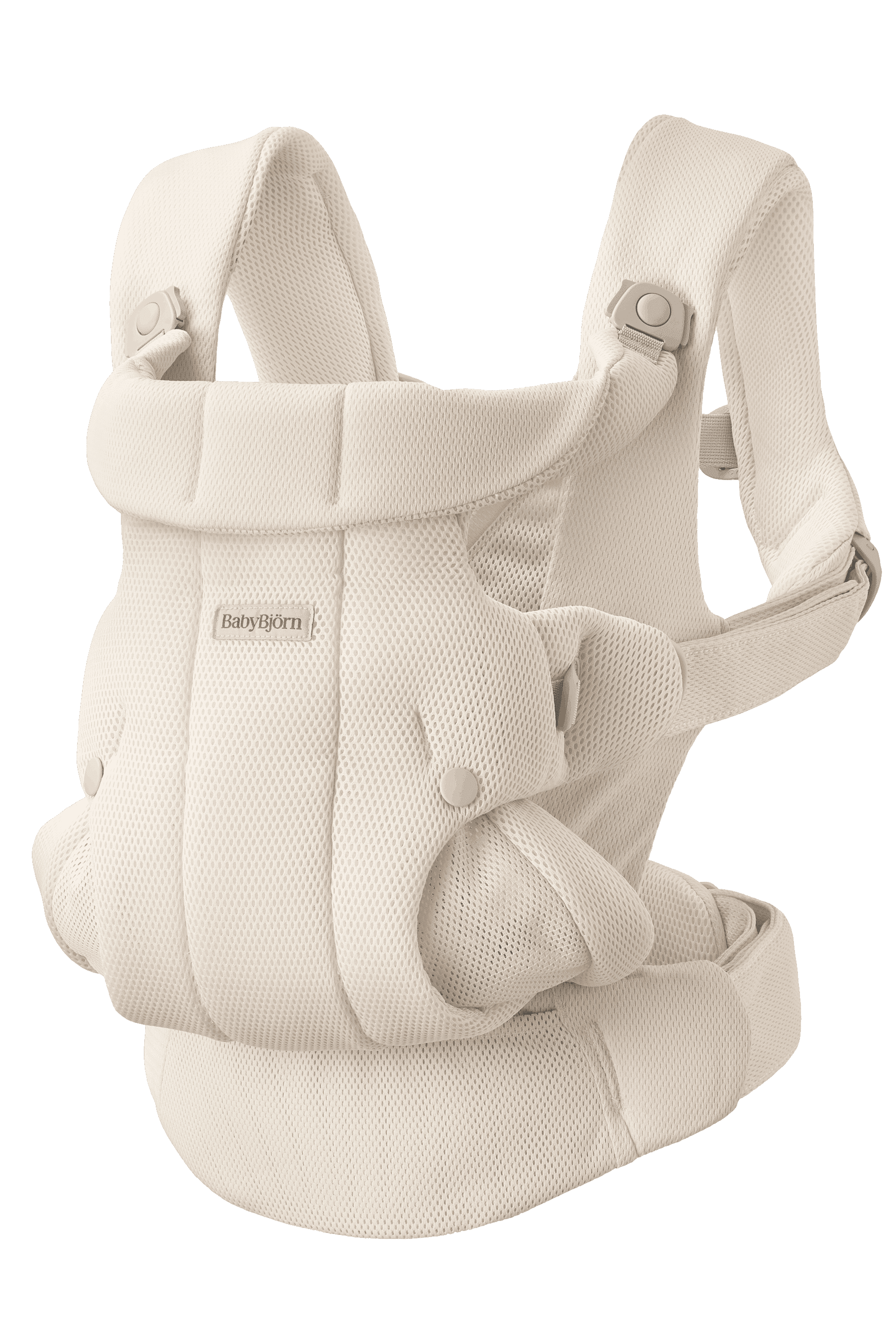Cream-colored baby carrier with padded straps and ergonomic design.