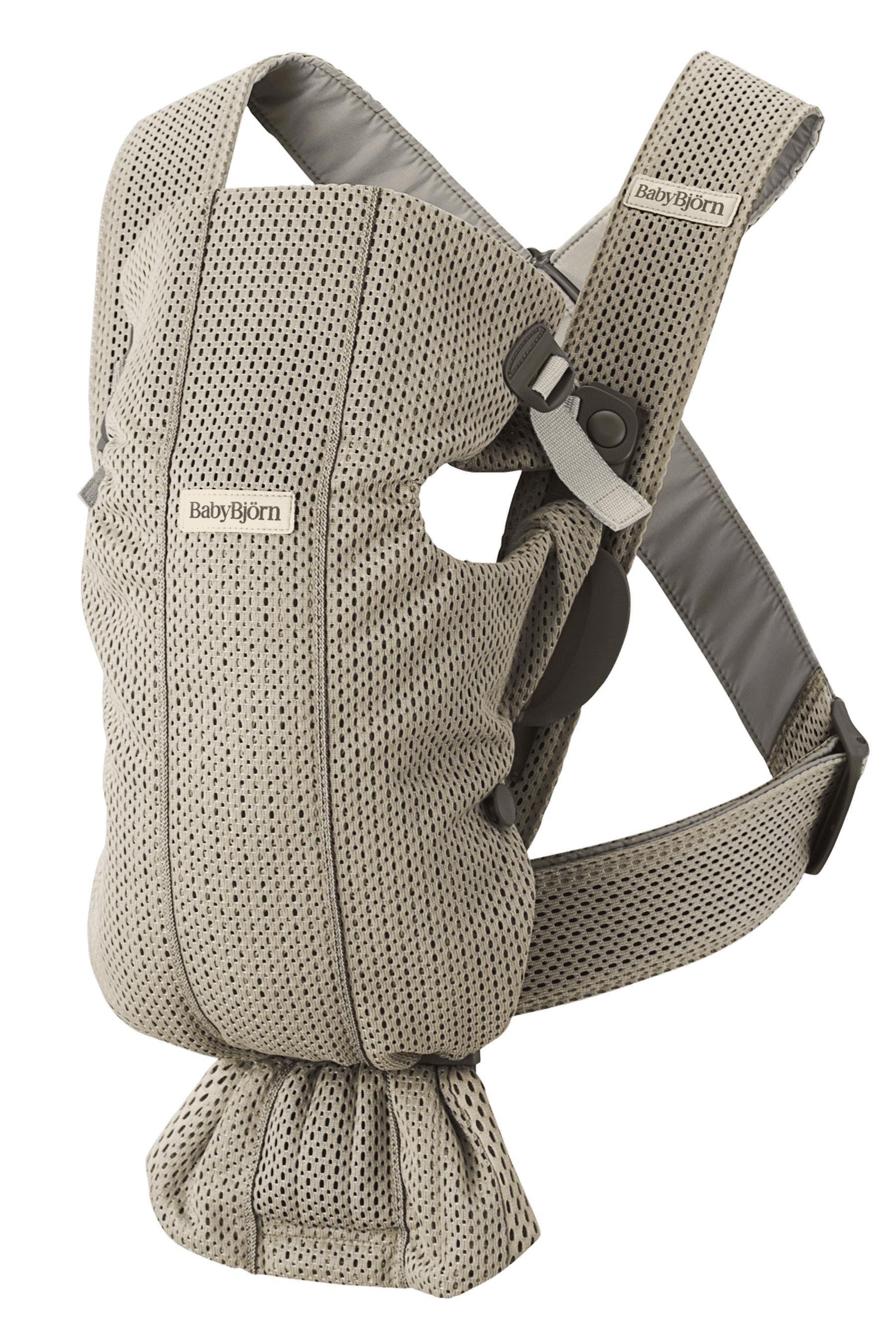 Gray beige BabyBjörn baby carrier made of breathable mesh fabric with adjustable straps and buckles for secure fastening.